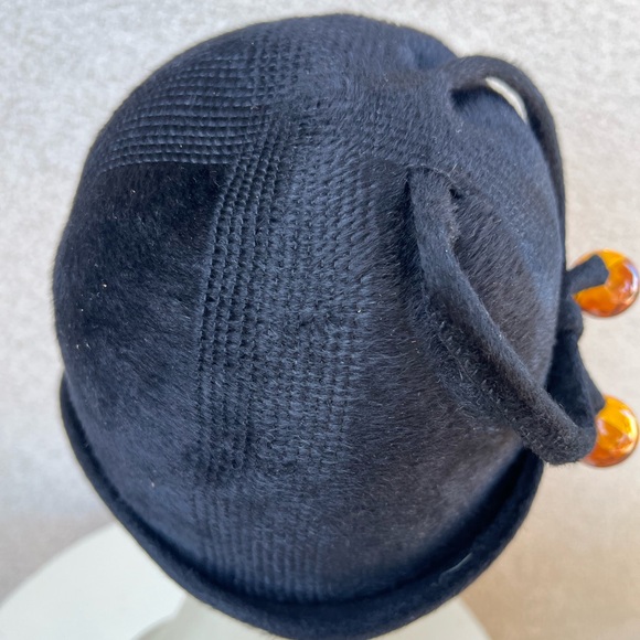 Vintage black wool bucket hat 2 lucite amber balls Adolfo Realites Small 21” - Picture 6 of 10